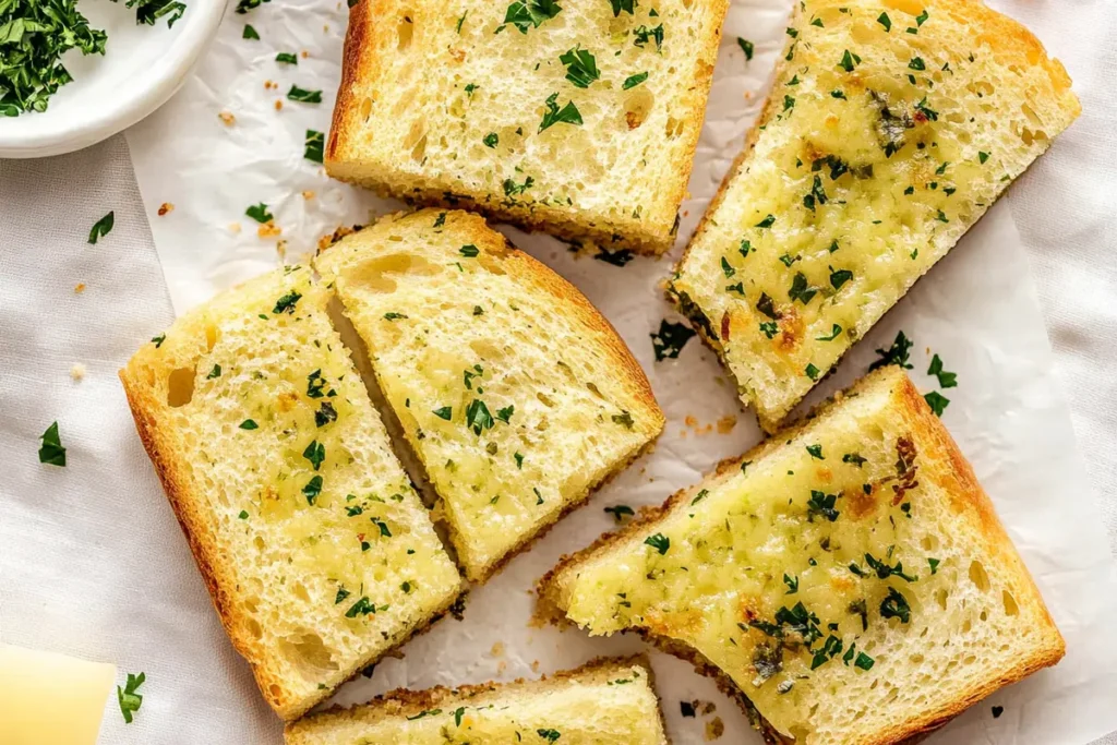 A close-up of delicious, simple garlic bread.