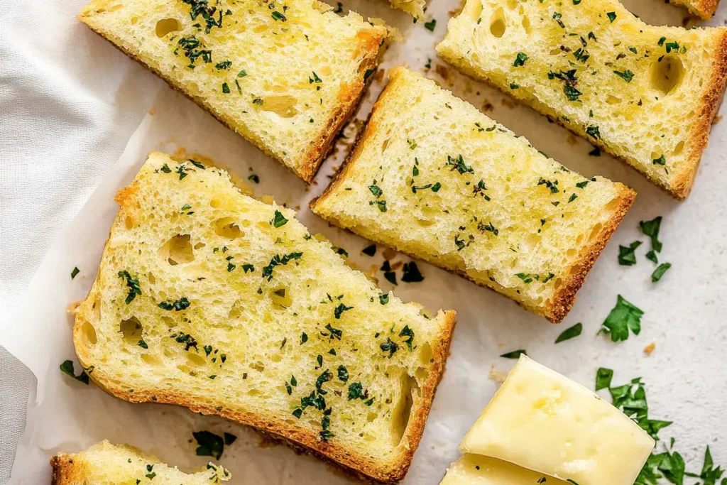 A close-up of delicious, simple garlic bread.