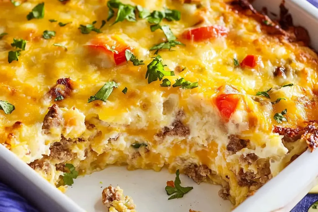 Delicious sausage breakfast casserole in a baking dish