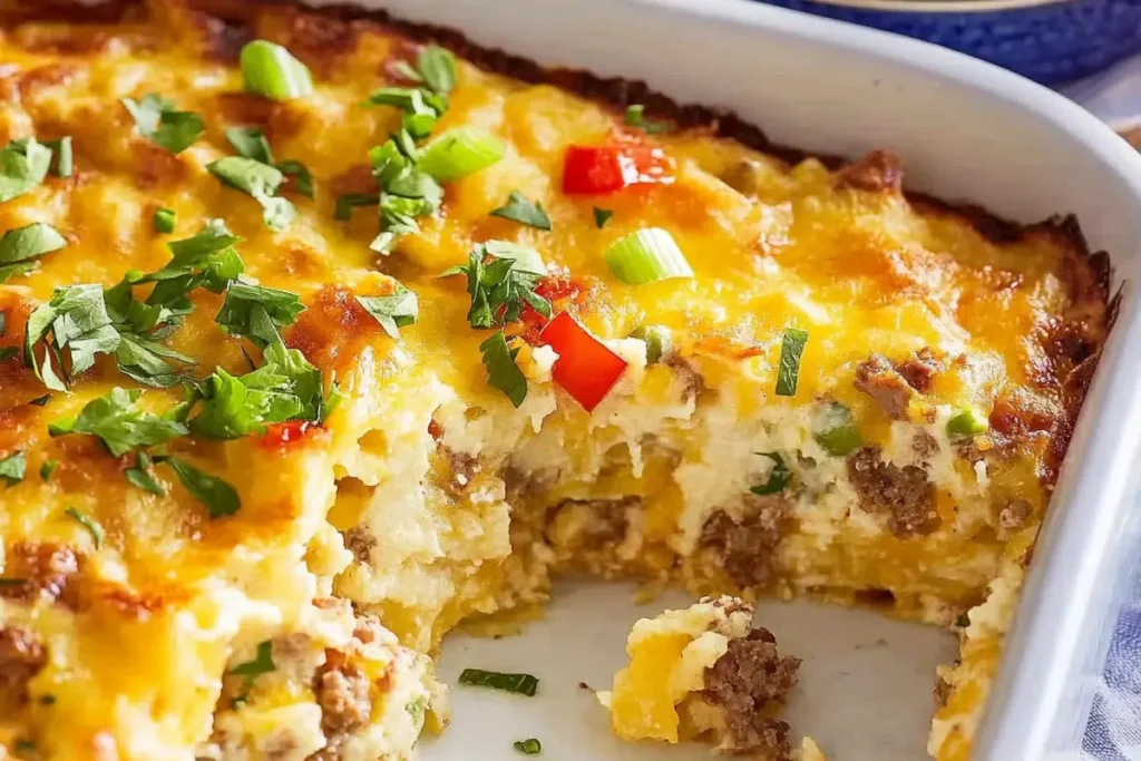 Delicious sausage breakfast casserole in a baking dish