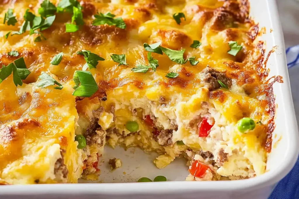 Delicious sausage breakfast casserole in a baking dish