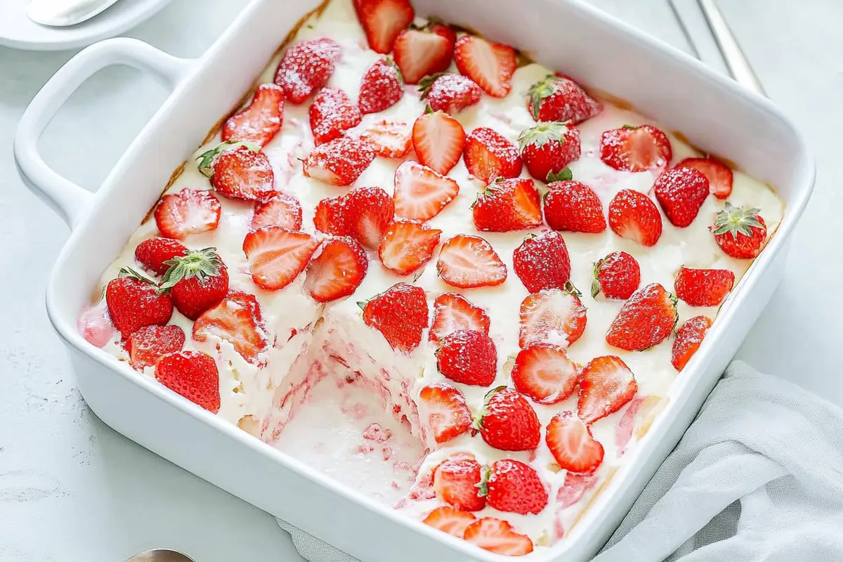 Whole angel food cake and roasted strawberry sauce on a table