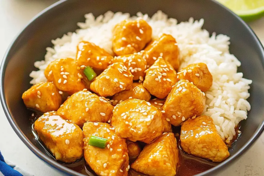 Honey Garlic Chicken with green onions and sesame seeds