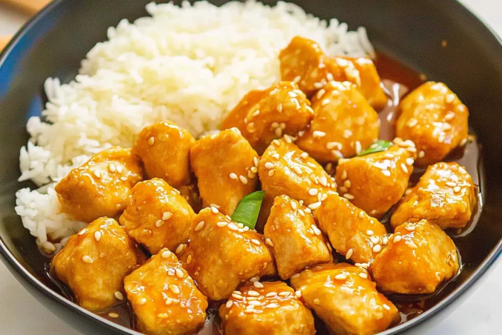 Honey Garlic Chicken with green onions and sesame seeds