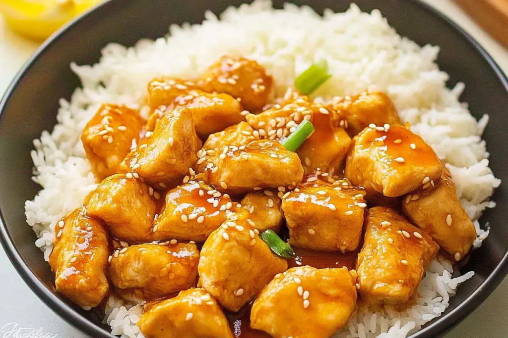 Honey Garlic Chicken with green onions and sesame seeds