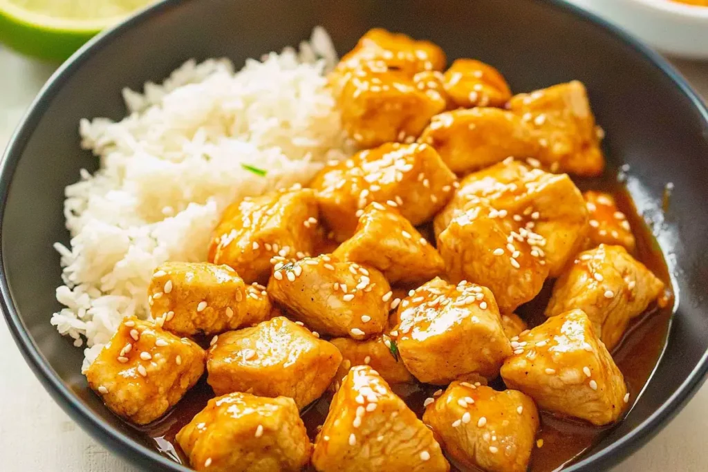 Honey Garlic Chicken with green onions and sesame seeds